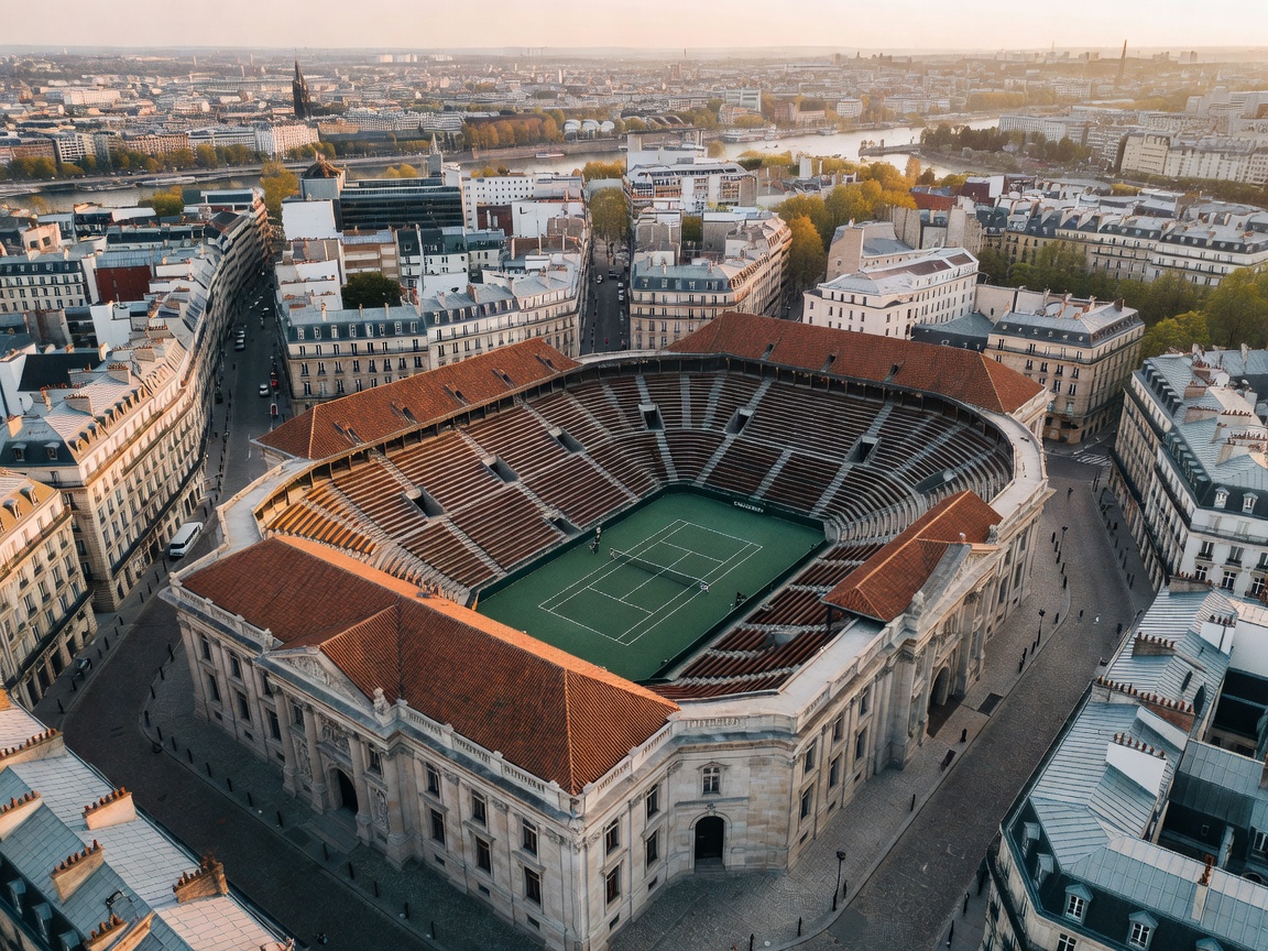 Aerial view of a European tennis stadium inside a capital city