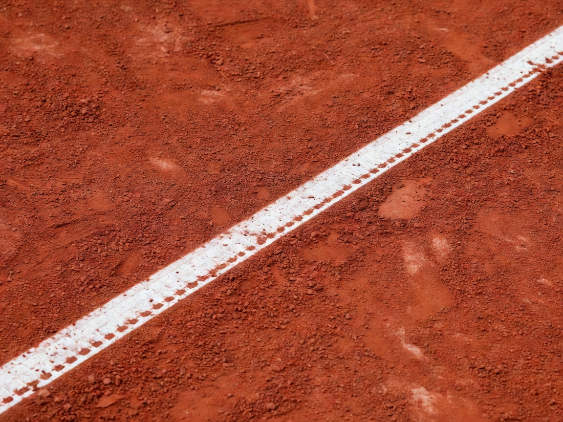 Close-up texture of red clay tennis court with white baseline line