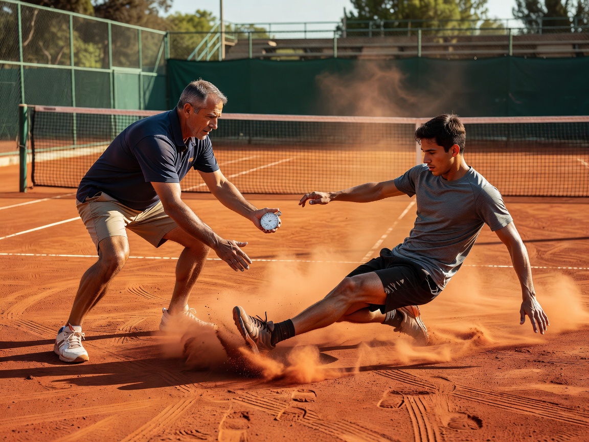 Coach working with a player on clay court footwork and sliding drills