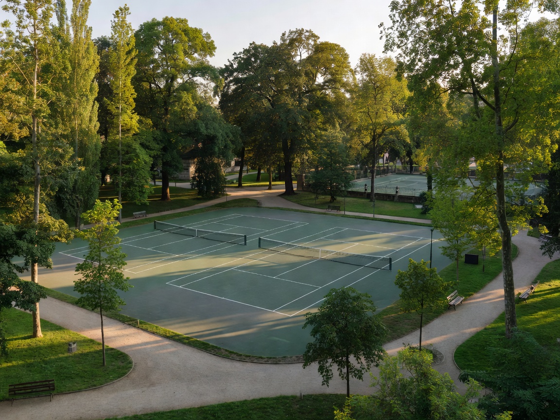 European city park with outdoor tennis courts and surrounding trees
