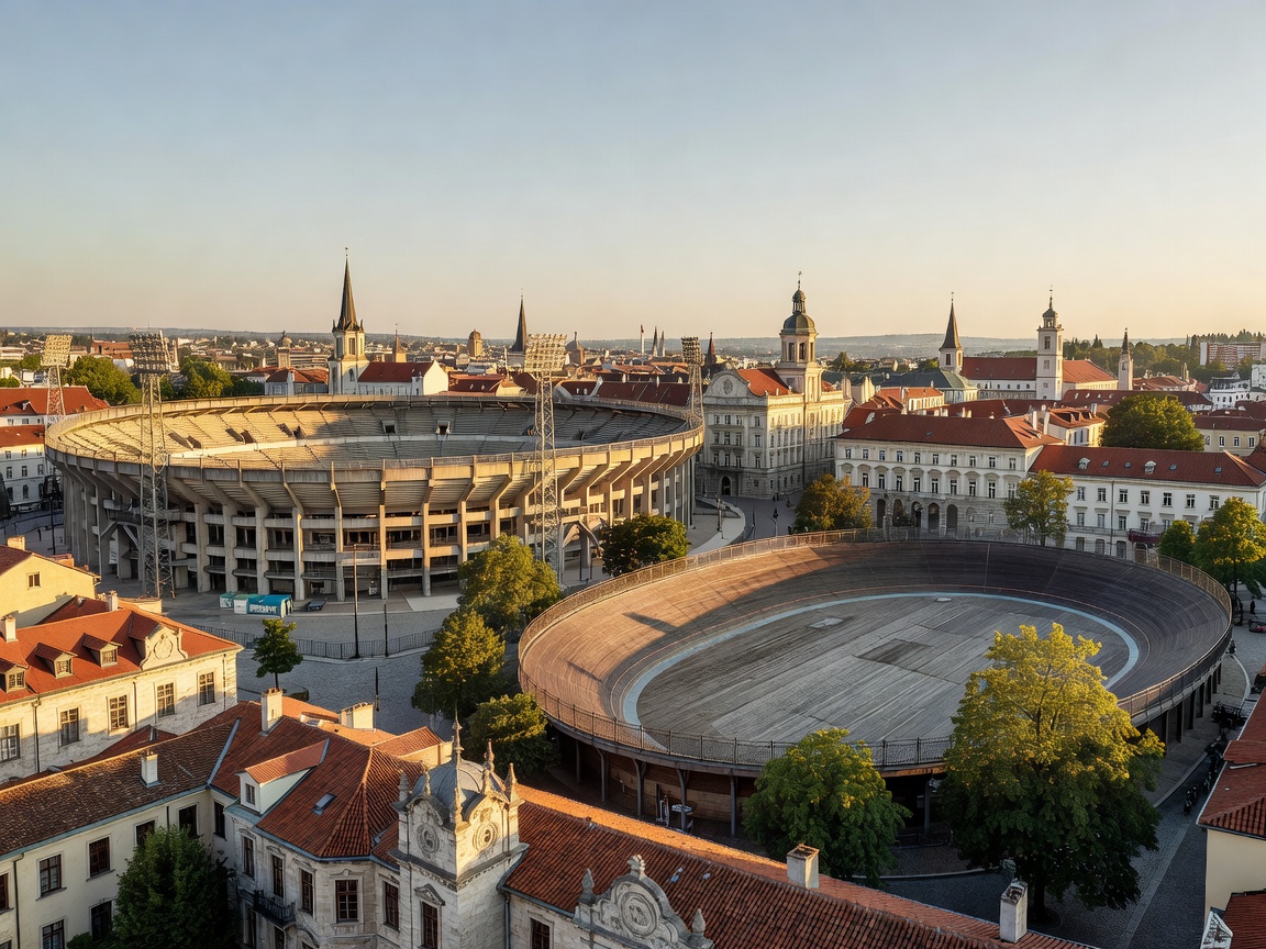 European city skyline with historic sports venues in view