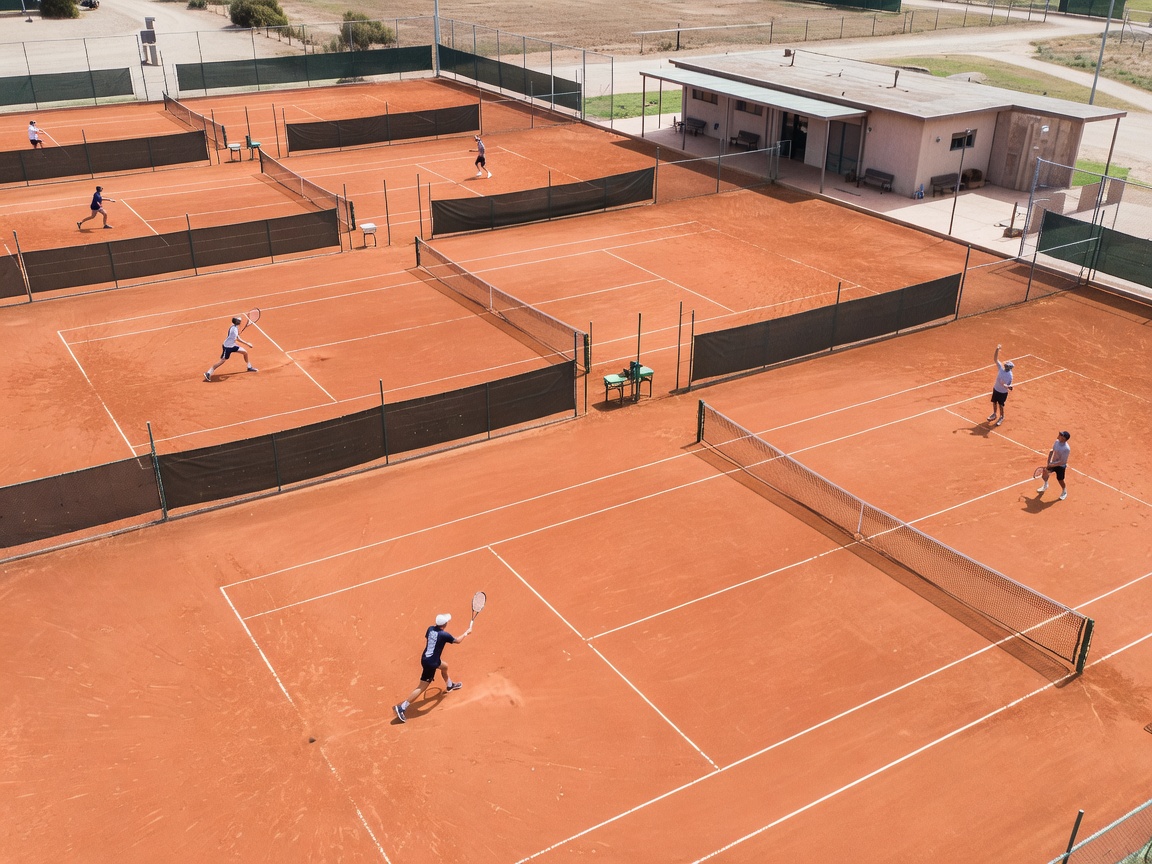 Overhead view of outdoor clay tennis courts at a training center