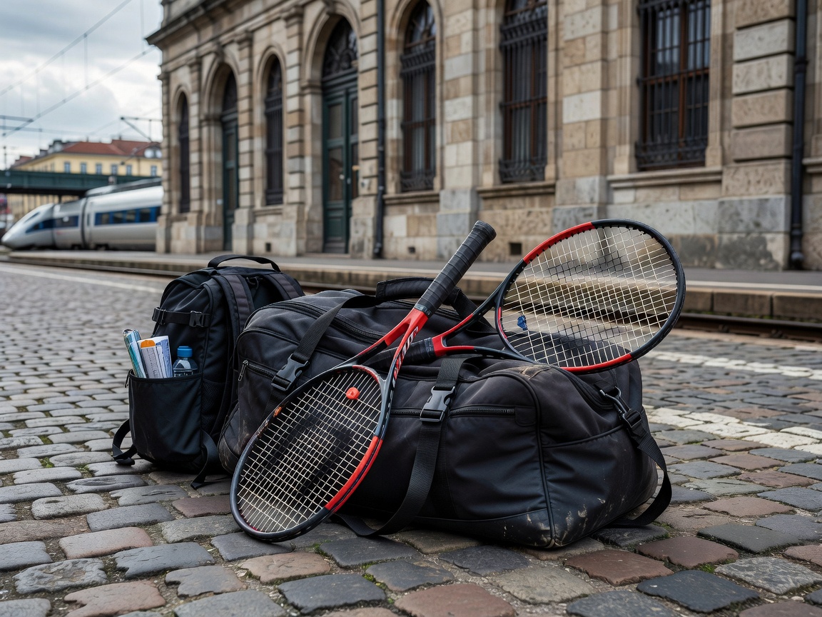 Packed tennis bag and rackets ready for European travel