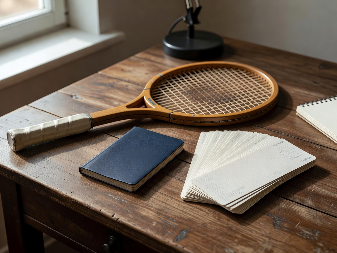 Passport, tennis racket, and travel tickets on an editorial desk