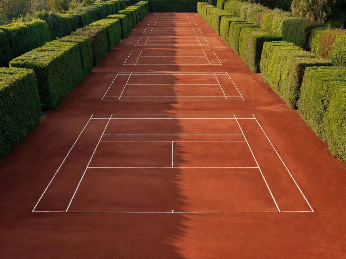 Row of pristine red clay tennis courts framed by green hedge rows