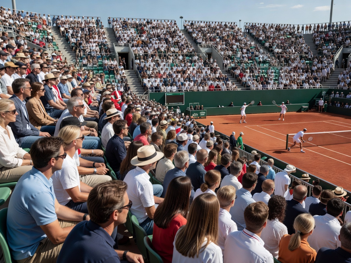 Spectator stadium during an outdoor European tennis match