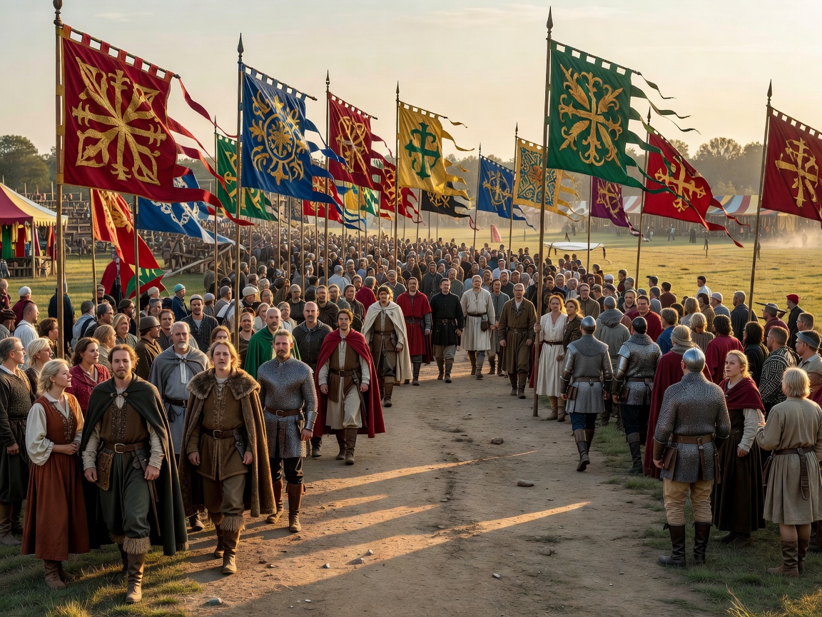 Spectators walking through tournament grounds with tournament flags