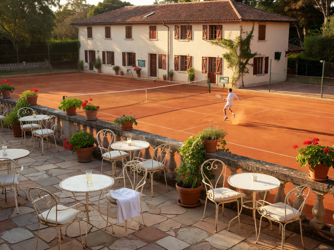 Tennis clubhouse terrace overlooking outdoor clay courts