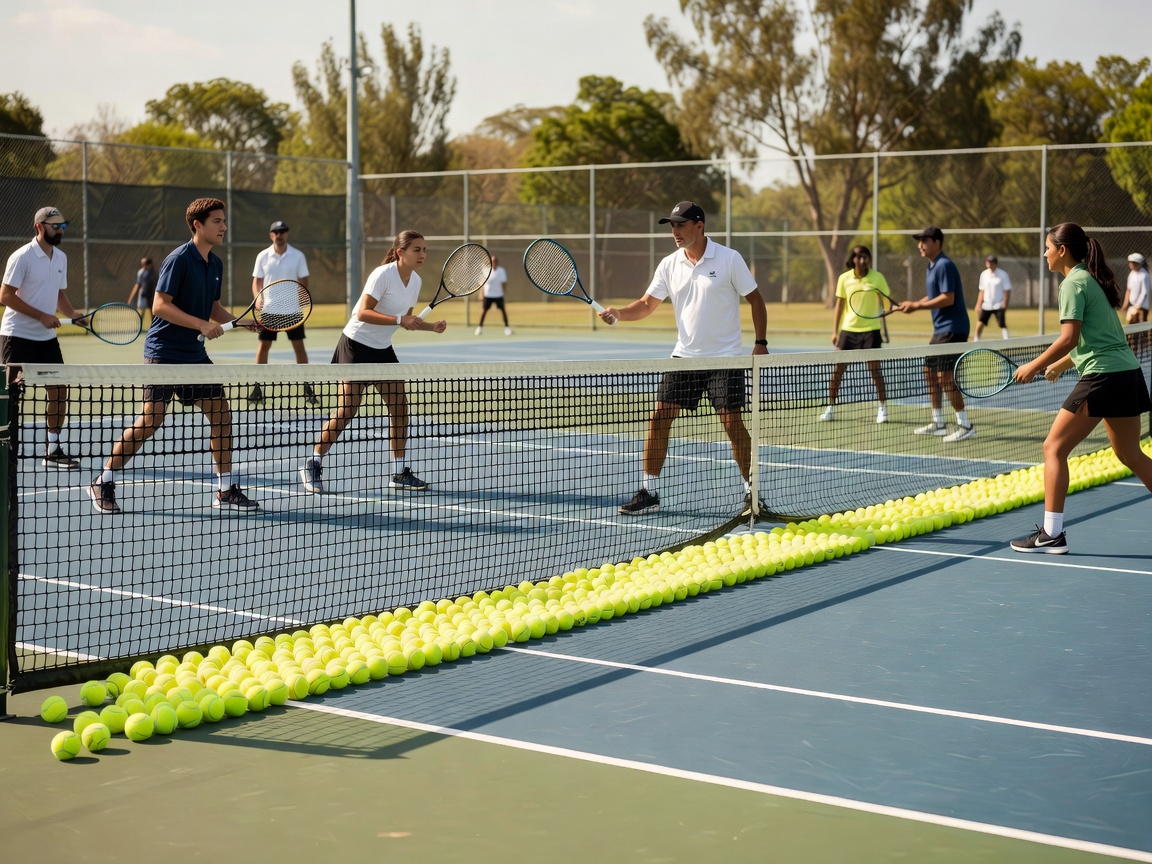 Tennis coaching session with yellow tennis balls lined along the net