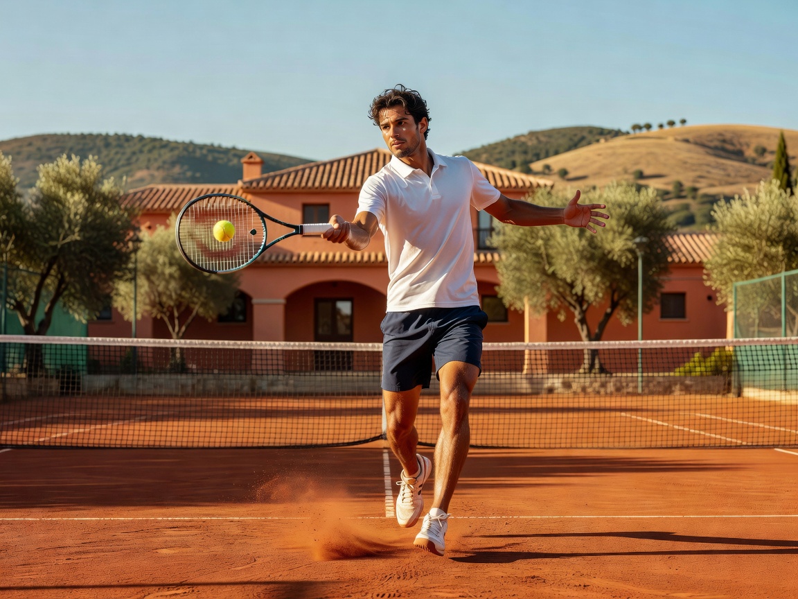 Tennis player hitting a forehand on an outdoor academy court in Spain