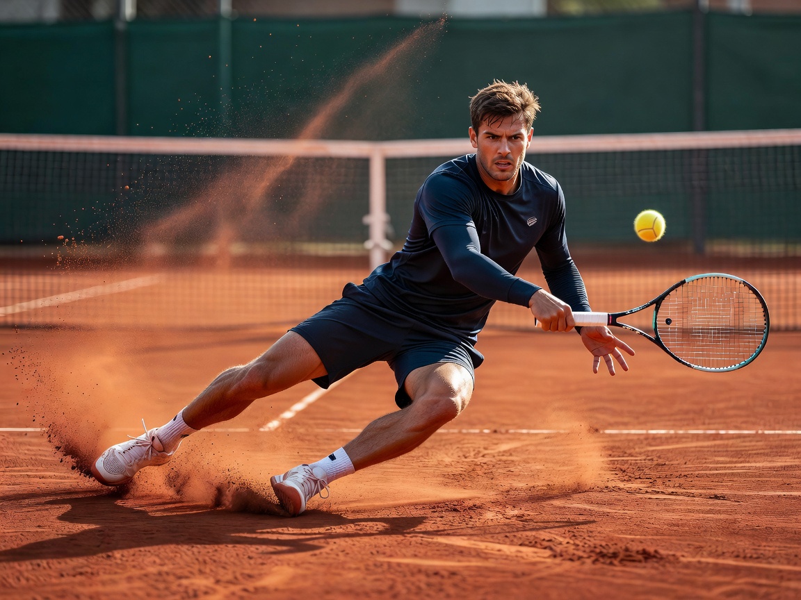 Tennis player sliding into a shot on a red clay tennis court